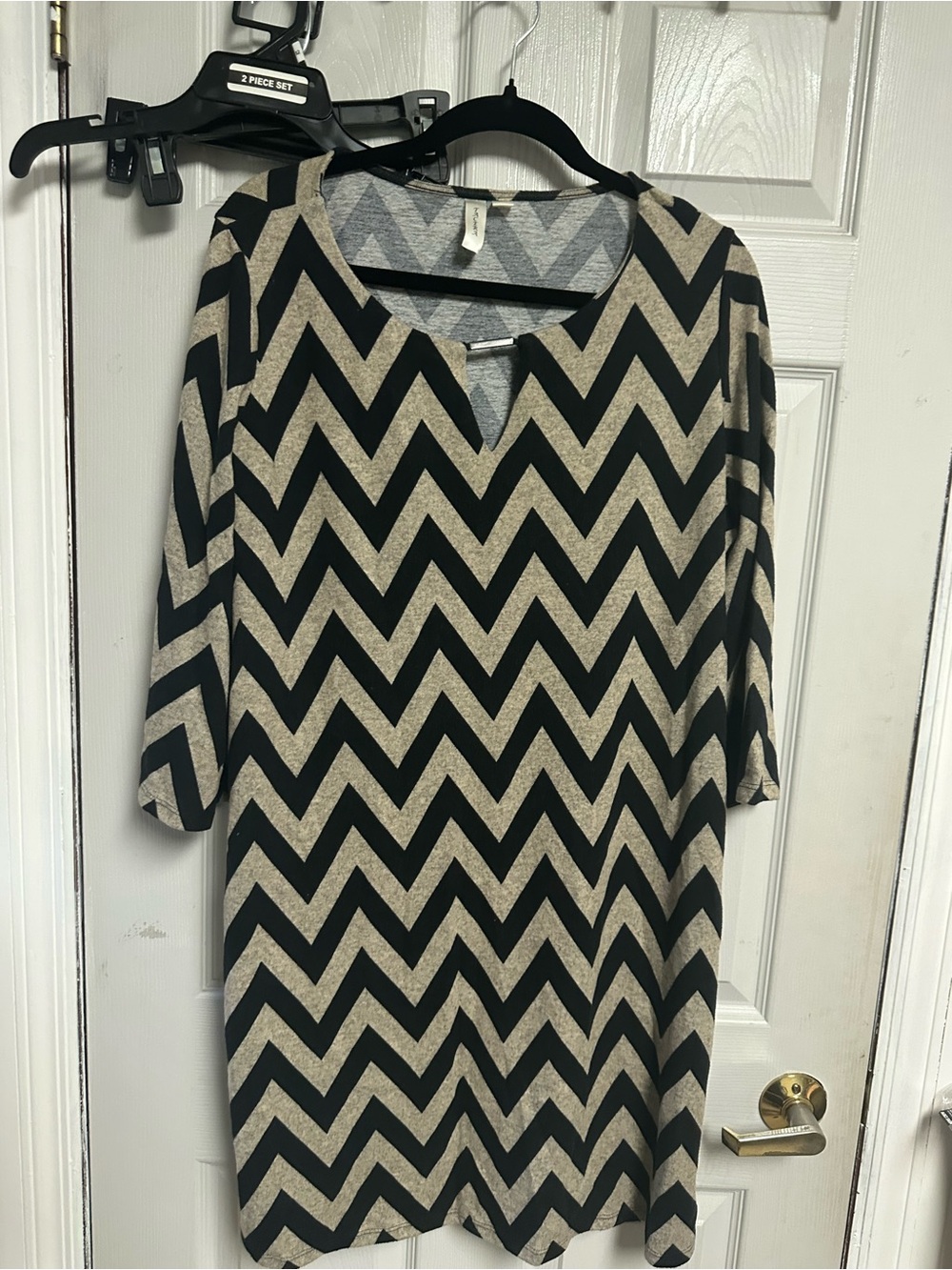 Tacera Black and Cream Chevron Midi Dress